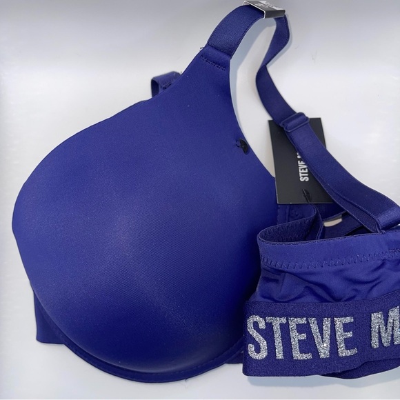 New Steve Madden Women’s Logo T Shirt Bra Glam Sparkle Blue Silver 40D Plus - Picture 1 of 6